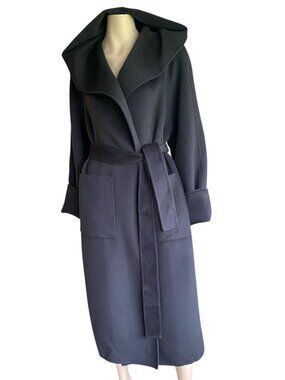 100% Double Faced Wool Oversized Hooded Belted Wrap Coat Charcoal SZ S Fits M/L